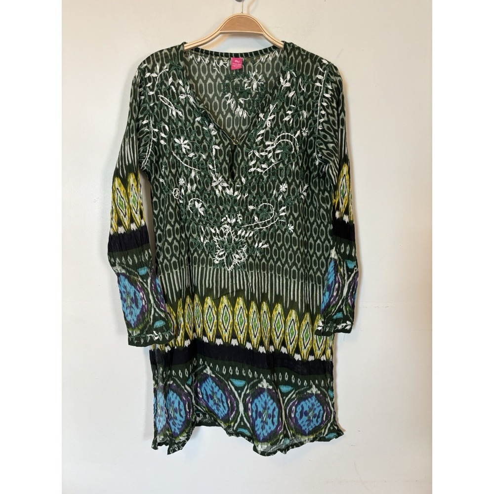 Raj 100% Silk Tunic Embroidered Swim Cover-up Dress Green Blue M Resort Vacation